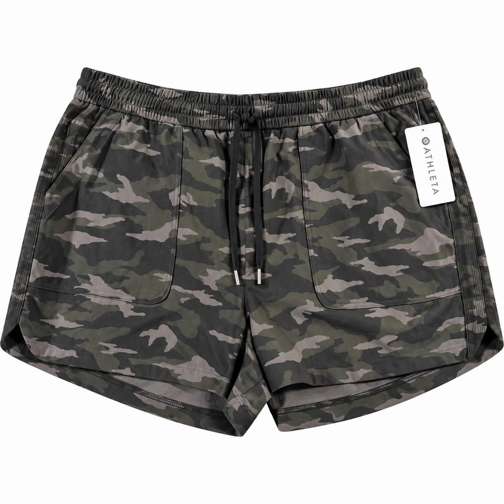 NWT Athleta Black Olive Camo Farallon Elastic Waist Pockets Shorts Plus Size 26